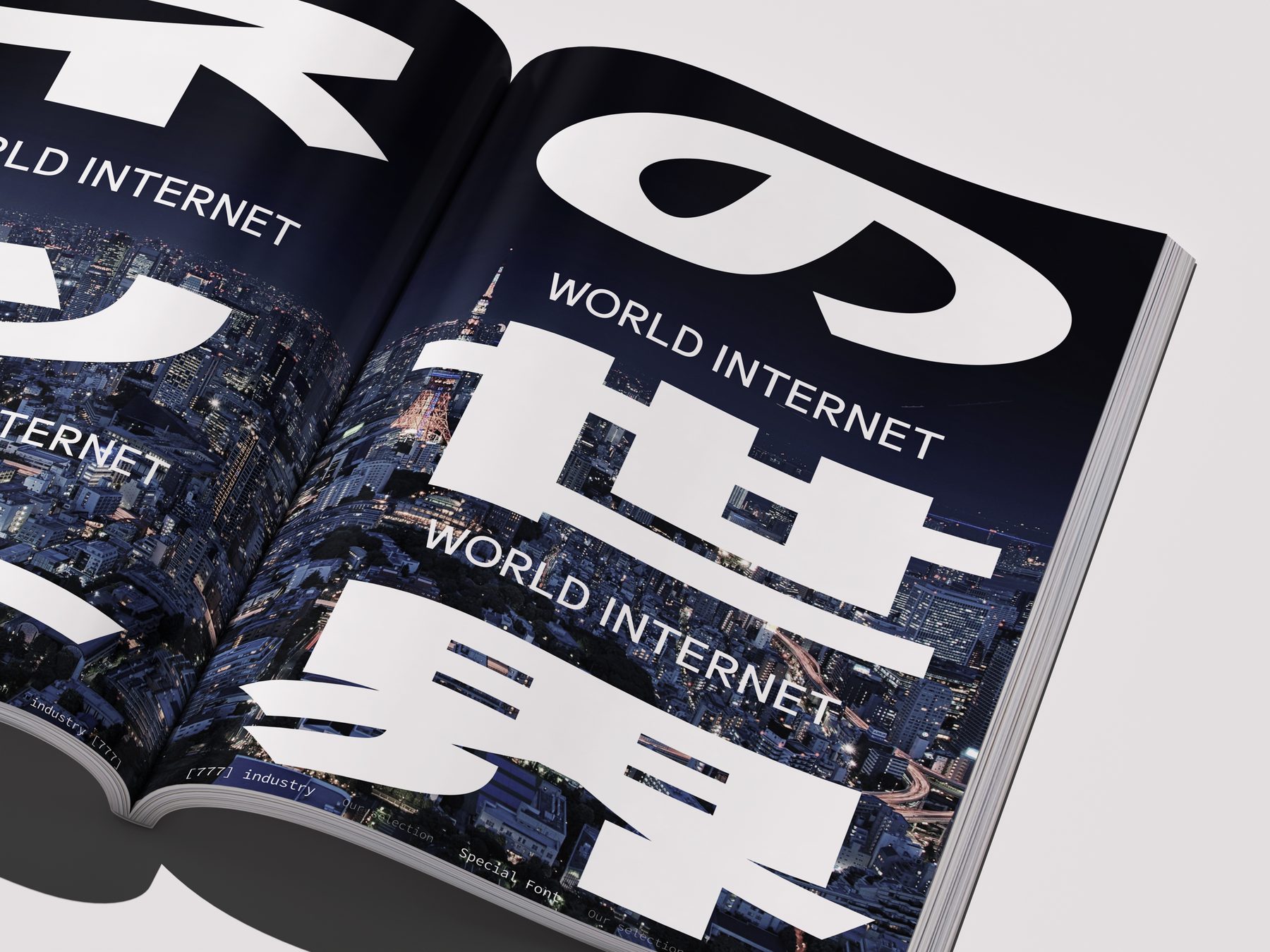 Double page World Internet, caractères japonais sur une vue de Tokyo la nuit